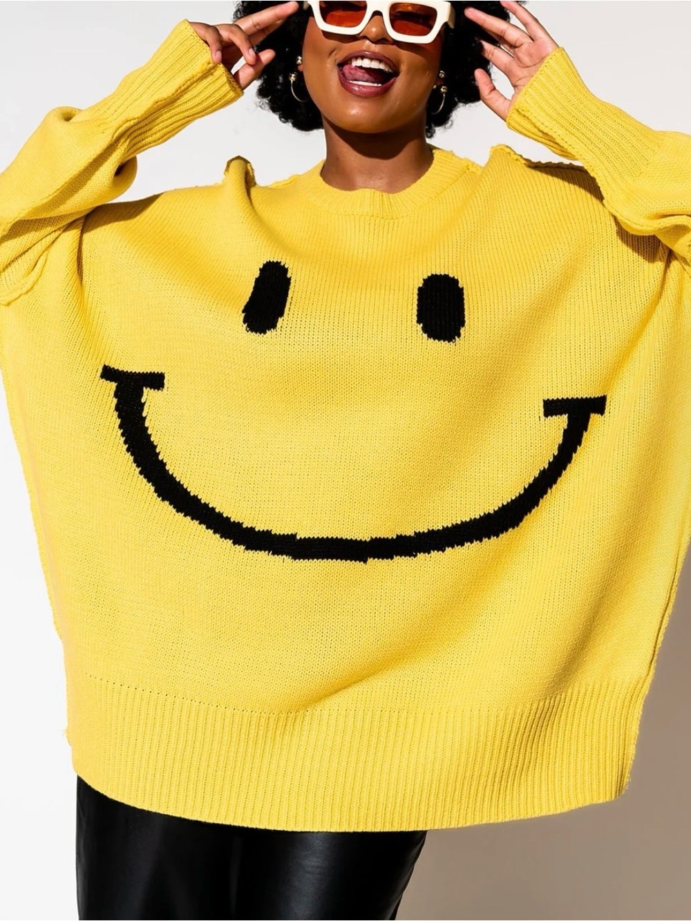 Dressed in LALA Yellow Smiley Face Crewneck Sweater NWOT S/M